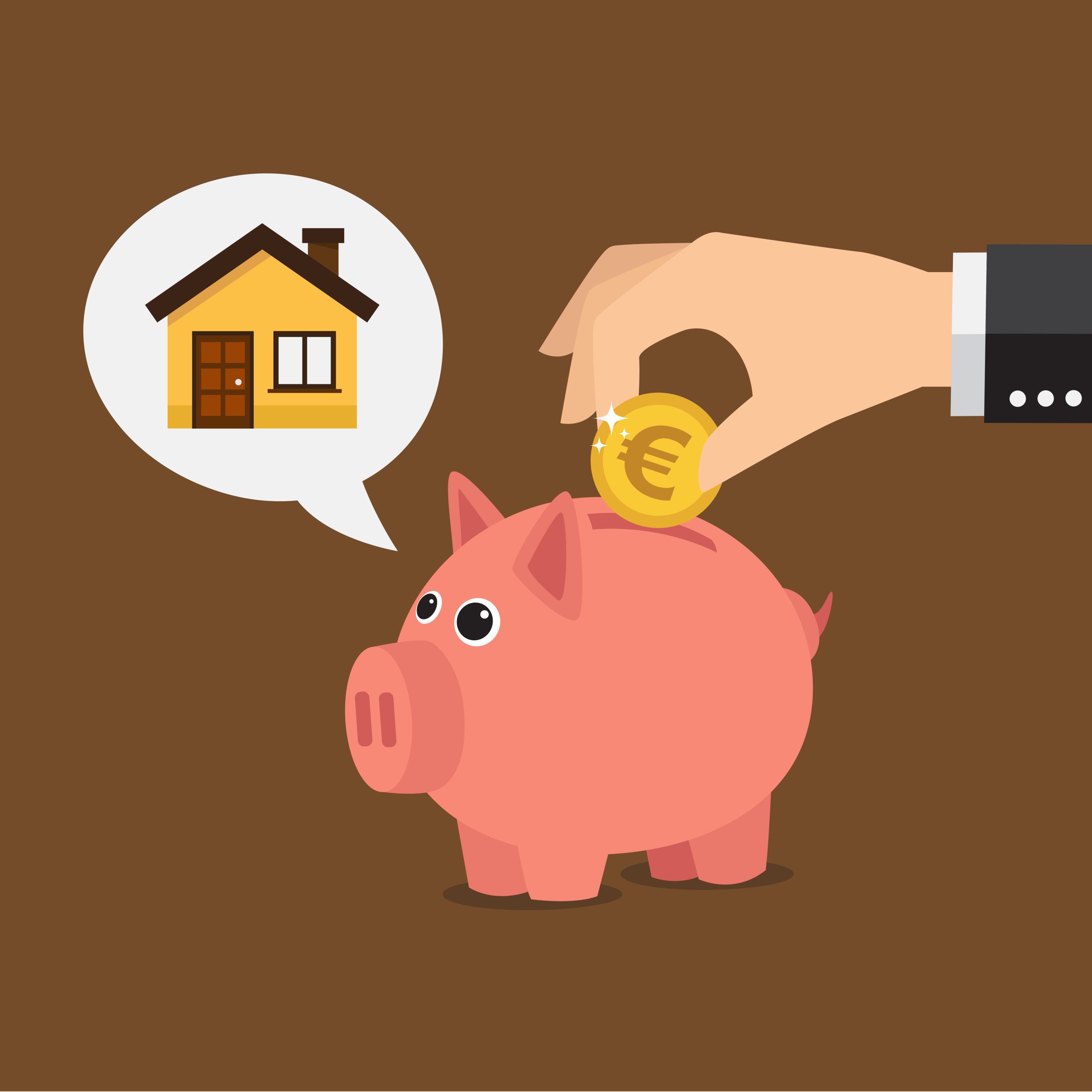 Piggy bank thinking about a house. Save money concept.  Vector illustration
